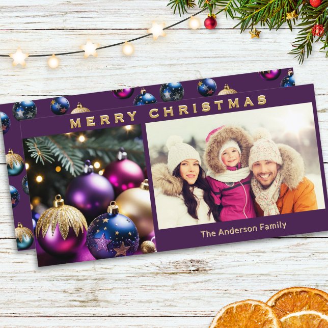 Cartes Pour Fêtes Annuelles Élégant Bauble Ornements de famille Photo Noël (An elegant, modern Christmas card, with custom photo, family name in faux gold, and baubles picture)