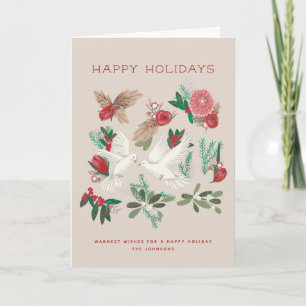 Cartes Pour Fêtes Annuelles Elegant Beige & Red Dove Birds Floral