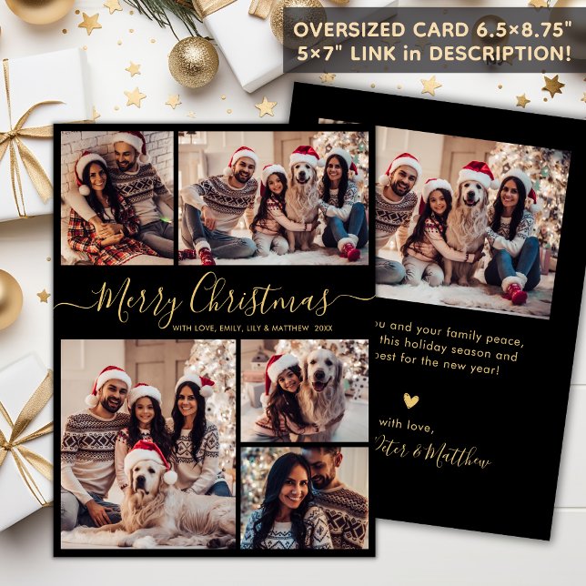Cartes Pour Fêtes Annuelles Elégant Black Gold 5 Photo Collage Noël (Créateur téléchargé)