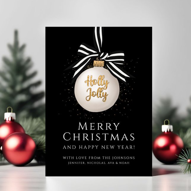 Cartes Pour Fêtes Annuelles Élégant Black Gold Bauble de Noël (Elegant Black Gold Christmas Bauble Holiday Card)