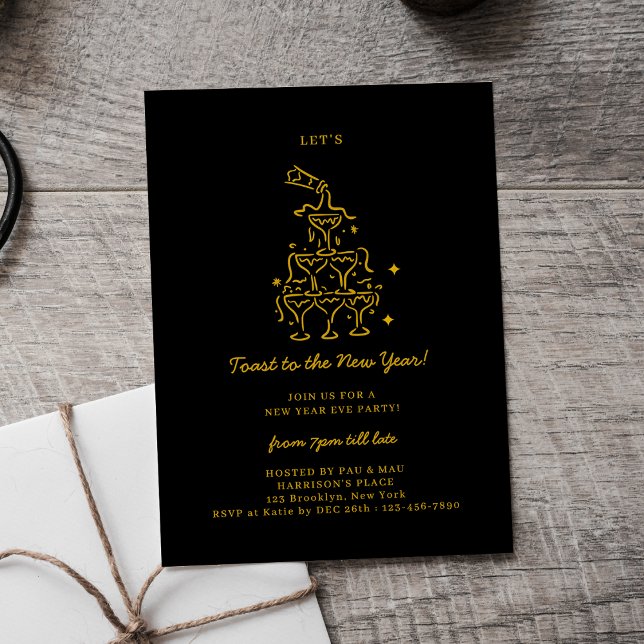 Cartes Pour Fêtes Annuelles Elegant Black & Gold Champagne New Years Eve Party (Créateur téléchargé)