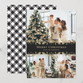 Cartes Pour Fêtes Annuelles Élégant Black Gold Holly Plaid Photo Noël