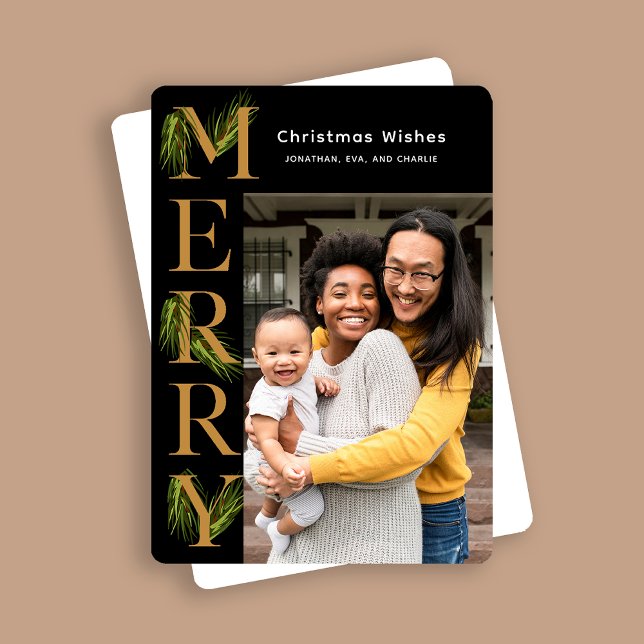 Cartes Pour Fêtes Annuelles Élégant Black Gold Merry Pine photo Noël (Créateur téléchargé)