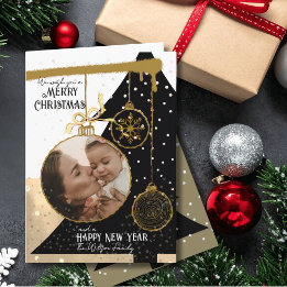 Cartes Pour Fêtes Annuelles Elegant Black & Gold Photo Ornament Christmas Card