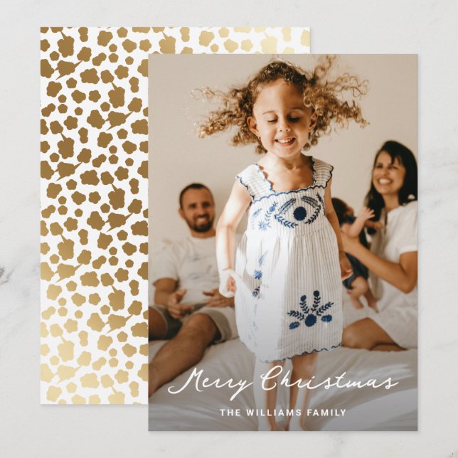 Cartes Pour Fêtes Annuelles Élégant Blanc Gold Stars Script Photo Noël (Devant / Derrière)