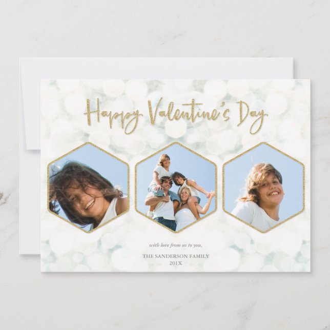 Cartes Pour Fêtes Annuelles Elégant Blanc + Gold Valentine's Day Triple Photo (Devant)