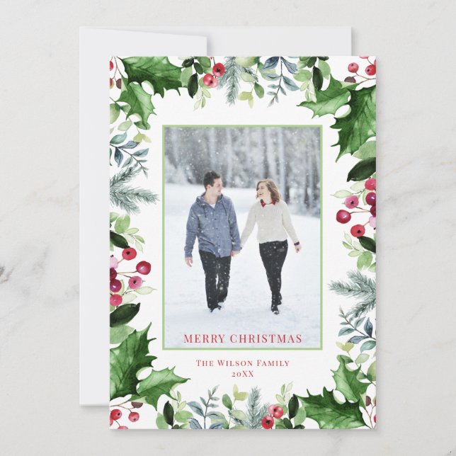 Cartes Pour Fêtes Annuelles Elégant blanc Joyeux Noël Photo Verdure (Devant)