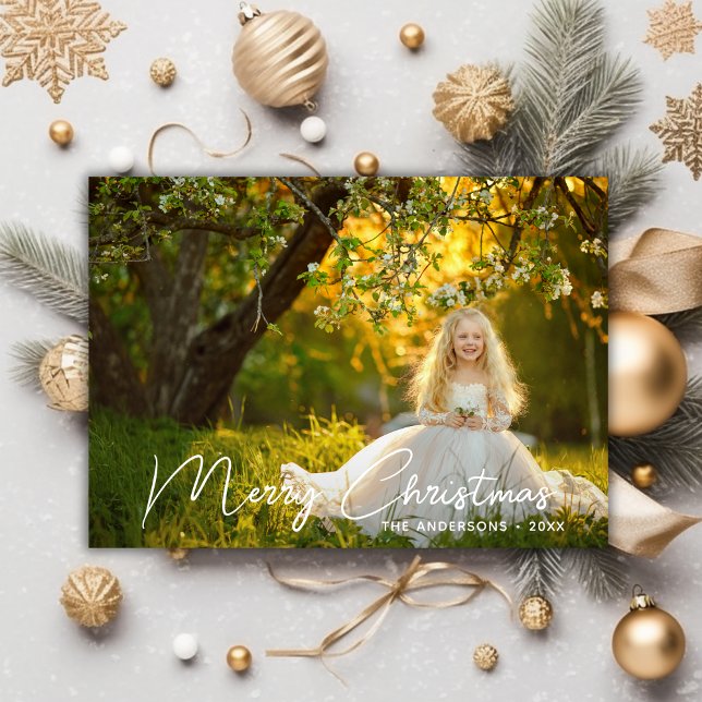 Cartes Pour Fêtes Annuelles Élégant blanc Script Joyeux Noël Photo (Créateur téléchargé)