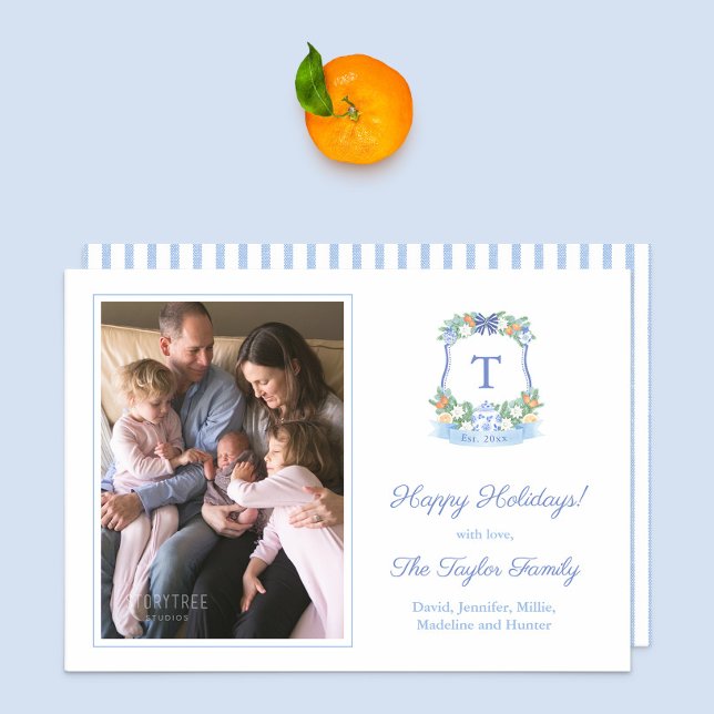 Cartes Pour Fêtes Annuelles Elégant bleu blanc Citrus Joyeux Noël Photo (Blue and white citrus monogram crest family picture holidays card. Blue white stripes on reverse)