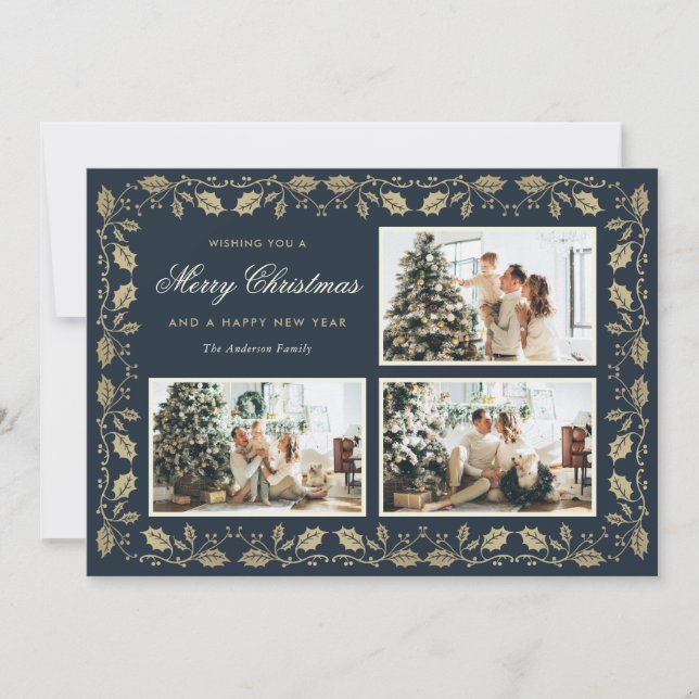 Cartes Pour Fêtes Annuelles Elégant Bleu et Gold Famille Photo Noël (Devant)