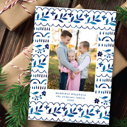 Cartes Pour Fêtes Annuelles Elégant bleu folk aquarelle photo de Noël