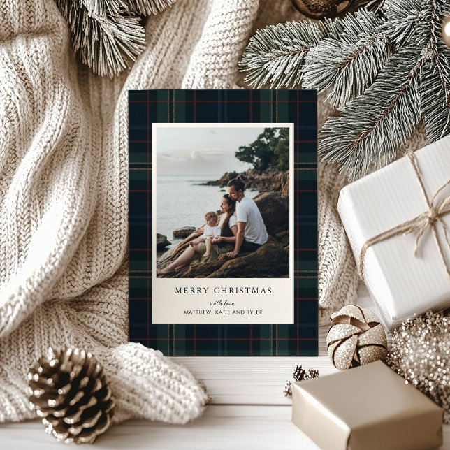 Cartes Pour Fêtes Annuelles Élégant bleu marine et vert photo plaid Noël (Créateur téléchargé)