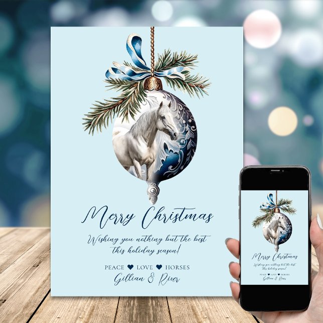 Cartes Pour Fêtes Annuelles Élégant bleu Noël blanc cheval équestre (Elegant blue Christmas white horse equestrian Holiday Card)
