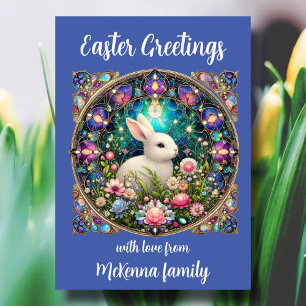 Cartes Pour Fêtes Annuelles Elégant Bleu Vitrail Bunny Pâques Chrétien
