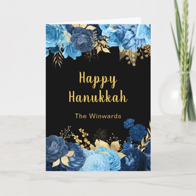 Cartes Pour Fêtes Annuelles Elegant Blue and Gold Flowers Hanukkah Party (Devant)