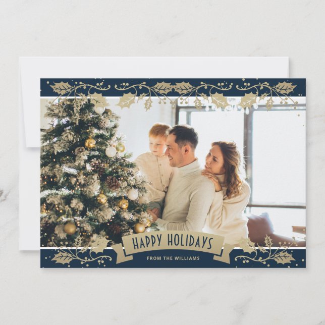 Cartes Pour Fêtes Annuelles Elegant Blue Botanical Photo Happy Holidays Card (Devant)