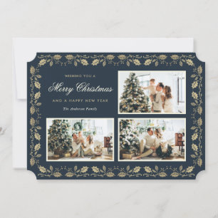 Cartes Pour Fêtes Annuelles Elégant Blue Gold Holly Famille 3 Photo Noël