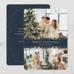 Cartes Pour Fêtes Annuelles Elegant Blue Gold Photo Joyeux Noël