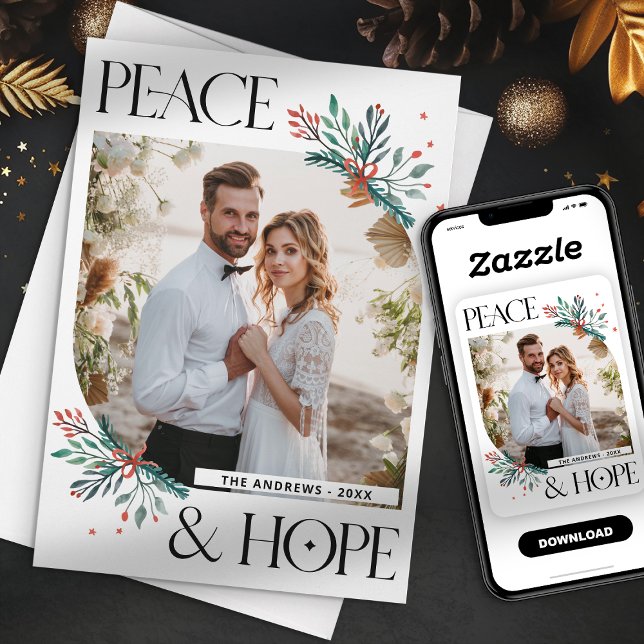 Cartes Pour Fêtes Annuelles Elégant Boho Floral Paix & Espoir Noël (Créateur téléchargé)