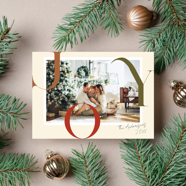 Cartes Pour Fêtes Annuelles Elegant Boho JOY Joyeux Noël Famille Photo (Créateur téléchargé)