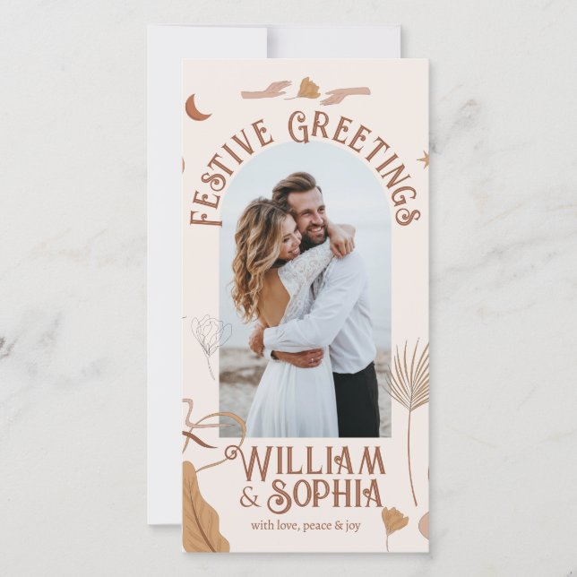 Cartes Pour Fêtes Annuelles Elegant Boho Joyeux Noël Nouveaux Mariés 1 Photo (Devant)