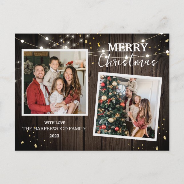 Cartes Pour Fêtes Annuelles Élégant bois rustique Famille de Noël 2 Photo (Devant)