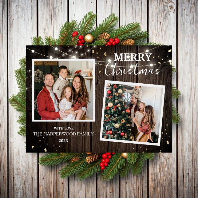 Cartes Pour Fêtes Annuelles Élégant bois rustique Famille de Noël 2 Photo (Créateur téléchargé)
