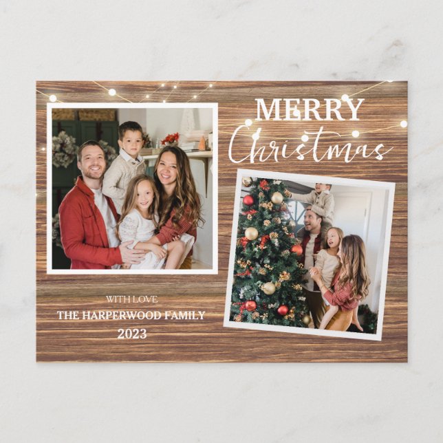 Cartes Pour Fêtes Annuelles Élégant bois rustique Famille de Noël 2 Photo (Devant)