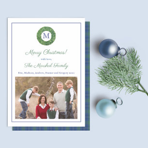 Cartes Pour Fêtes Annuelles Élégant Boxwood Wreath Plaid photo horizontale