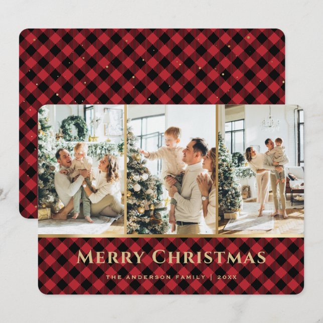 Cartes Pour Fêtes Annuelles Élégant Buffle Rouge Or Plaid Photo Noël (Devant / Derrière)
