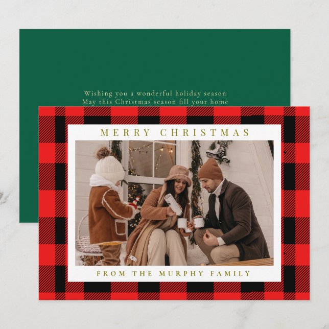Cartes Pour Fêtes Annuelles Élégant Buffle Rouge Plaid Photo Famille de Noël (Devant / Derrière)