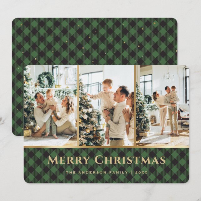 Cartes Pour Fêtes Annuelles Élégant Buffle Vert Or Plaid Photo Noël (Devant / Derrière)