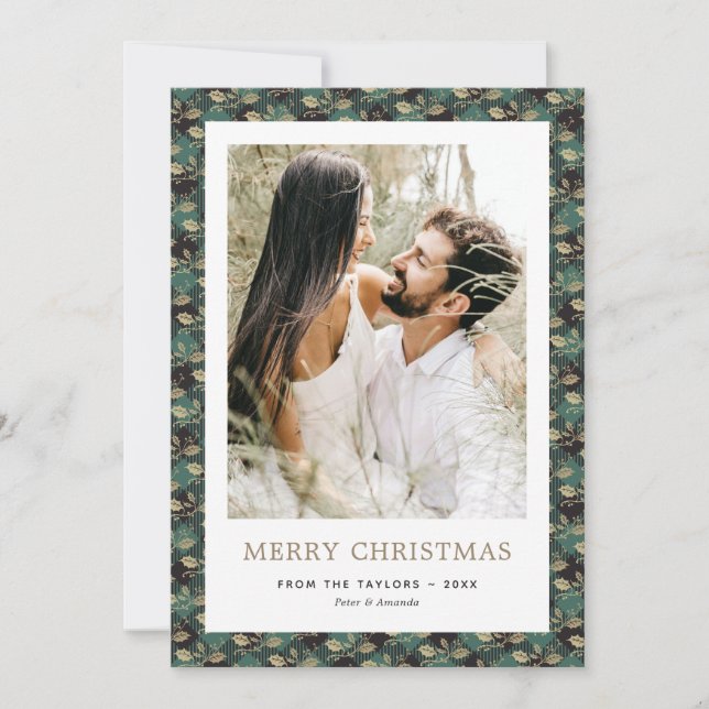Cartes Pour Fêtes Annuelles Élégant Buffle vert Plaid Holly Photo Noël (Devant)