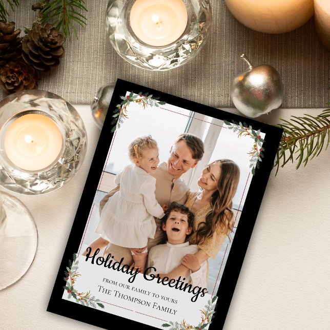 Cartes Pour Fêtes Annuelles Elégant cadre feuille vert de Noël Famille Photo (Elegant Green leaves Frame Christmas Family Photo Holiday Card)