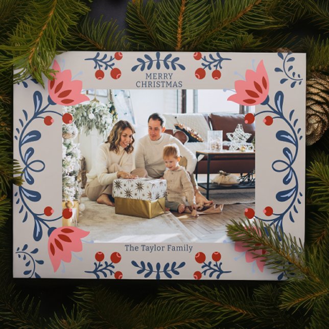 Cartes Pour Fêtes Annuelles Elégant cadre floral photo de Noël (Elegant Floral Frame Christmas Photo Holiday Cards from Ricaso. Easy add your own photo and text)