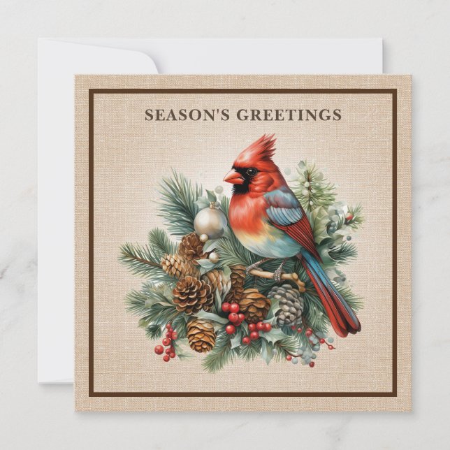 Cartes Pour Fêtes Annuelles Élégant Cardinal Pinecones Woodland Burlap Luxe (Devant)