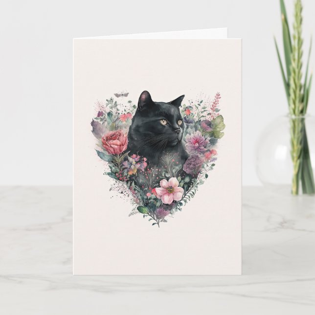 Cartes Pour Fêtes Annuelles Élégant chat noir avec fleurs Saint Valentin Hol (Devant)