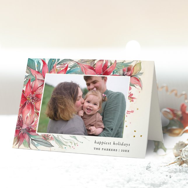 Cartes Pour Fêtes Annuelles Elégant Chic Aquarelle Poinsettia Photo Botanique (Créateur téléchargé)