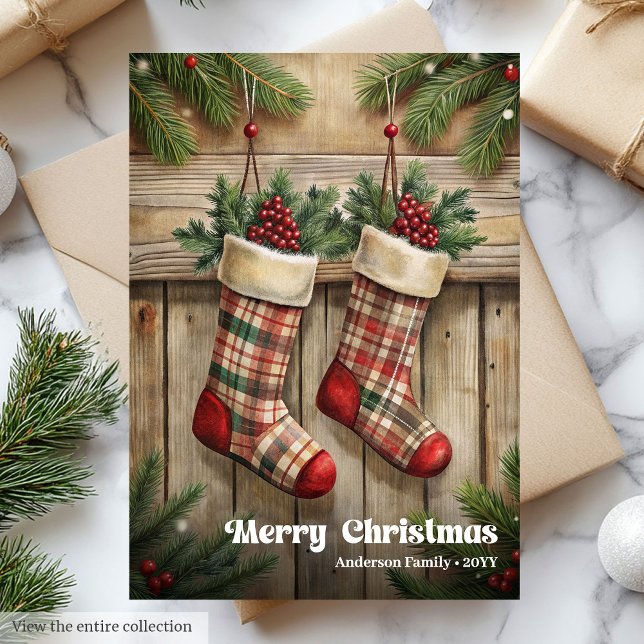 Cartes Pour Fêtes Annuelles Elegant Christmas stocking rustic holly berries (Elegant Christmas stocking rustic holly berries Holiday Card)