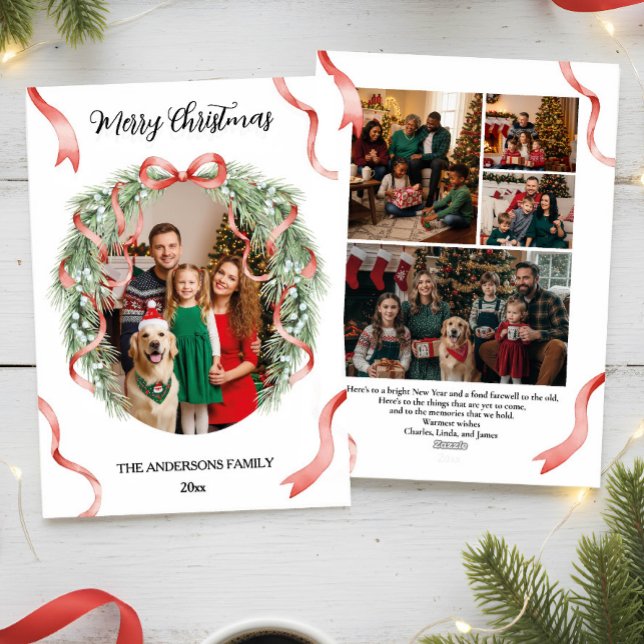 Cartes Pour Fêtes Annuelles Elegant Christmas Wreath Bow Custom Family Photo (Créateur téléchargé)