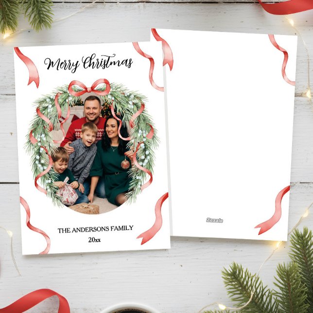 Cartes Pour Fêtes Annuelles Elegant Christmas Wreath Bow Family Photo Custom (Créateur téléchargé)