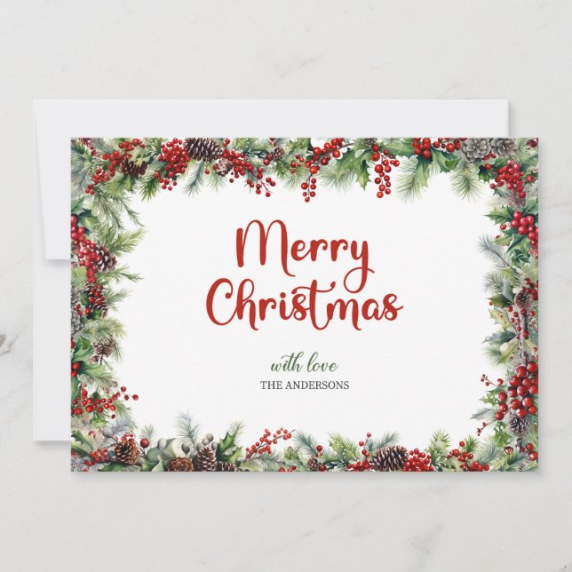 Cartes Pour Fêtes Annuelles Elégant classique aquarelle rouge houx baies (Devant)