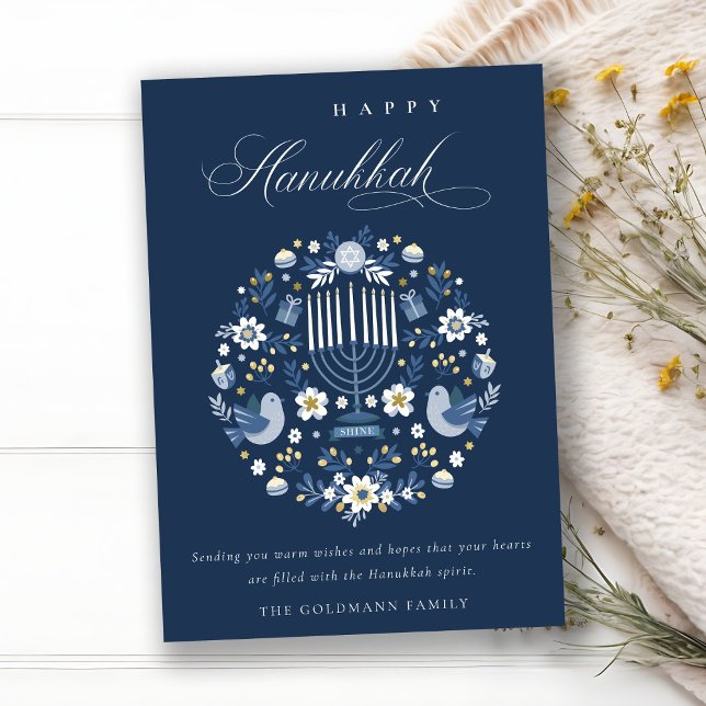 Cartes Pour Fêtes Annuelles Elégant Classy Navy Blue Happy Hanoukka Floral (Créateur téléchargé)