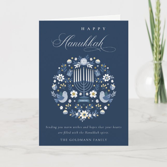 Cartes Pour Fêtes Annuelles Elégant Classy Navy Blue Happy Hanoukka Floral (Devant)
