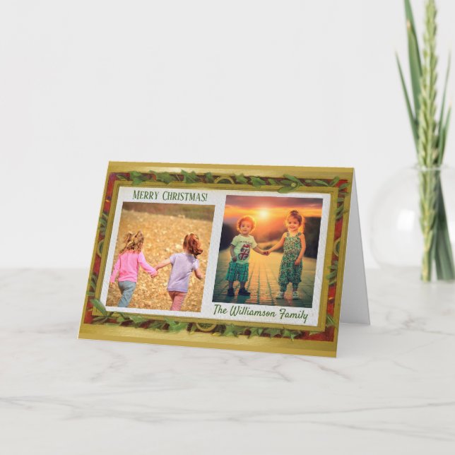 Cartes Pour Fêtes Annuelles Élégant Collage Photo Gold Red Green Nom (Devant)