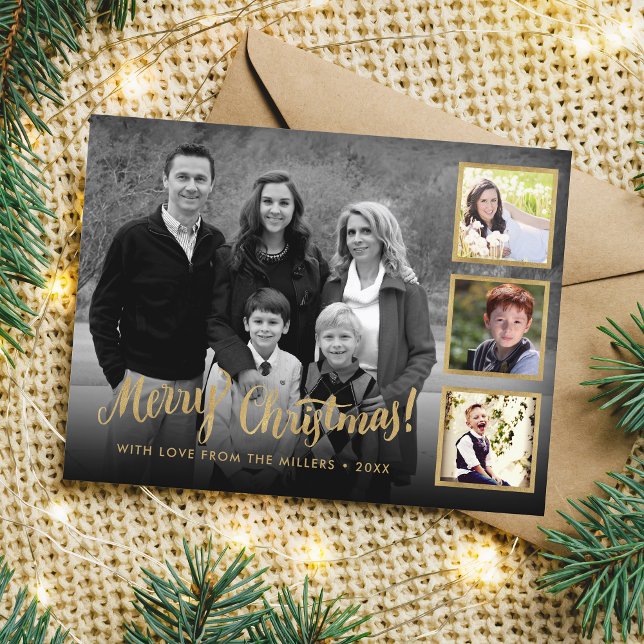 Cartes Pour Fêtes Annuelles Elégant Collage Photo Personnalisé Or Joyeux Noël (Créateur téléchargé)