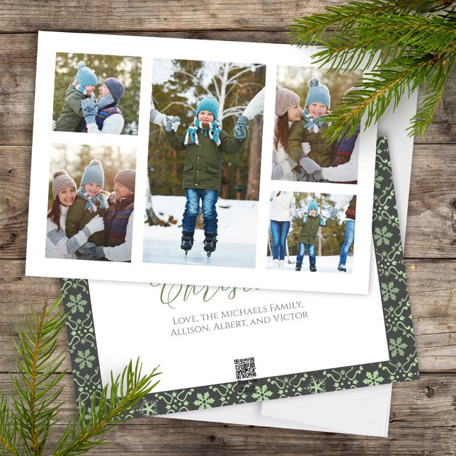 Cartes Pour Fêtes Annuelles Élégant collage photo Snowflakes de Noël (Merry Christmas Calligraphy Script holiday multi photo card with elegant snowflake pattern)