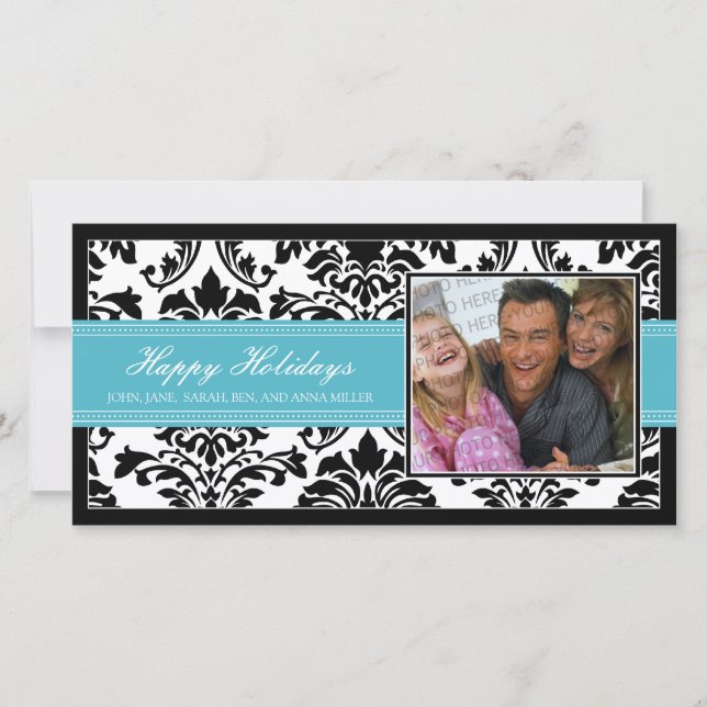 Cartes Pour Fêtes Annuelles Elégant Damask Black & Aqua Custom Happy Holidays (Devant)