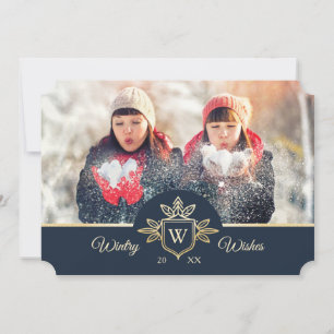 Cartes Pour Fêtes Annuelles Elégant et Regal Famille Monogramme Or & Navy Phot