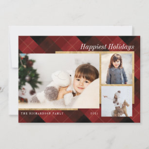 Cartes Pour Fêtes Annuelles Elégant Festive Rouge Plaid & Or Trois Photos